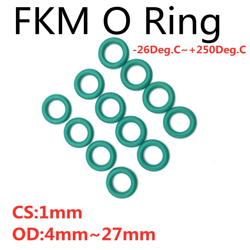 

50pcs Green FKM Fluorine Rubber O Ring Thickness 1mm OD 4~27mm Sealing Gaskets Insulation Oil High Temperature Resistance Green
