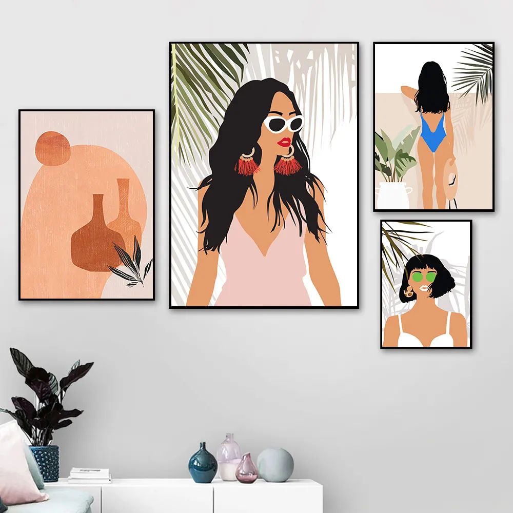 

Woman Illustration Art Canvas Poster Nordic Decorat Picture Wall Art Print Painting seasid Minimalist Line Art Modern Home Decor