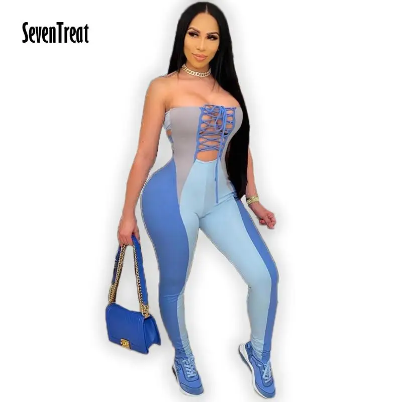 

Bandage Jumpsuit Women 2021 Overalls Patchwork Sexy Rompers Bodycon Playsuits Casual Club Combi and Bodysuits Female Jumpsuit