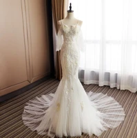 gorgeous spaghetti straps sweetheart short sleeve sweep train mermaid backless lace wedding dress bride gown vestidos de novia