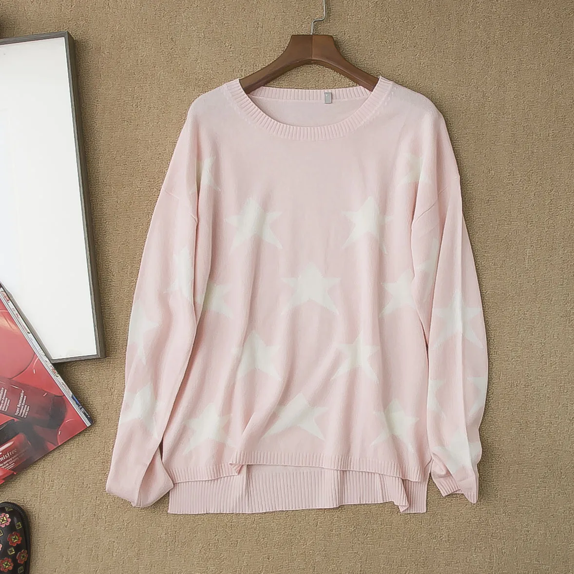 

Autumn and Winter Bright Colors with Five-pointed Star Jacquard Round Neck Cashmere Sweater Sweater Women Autumn