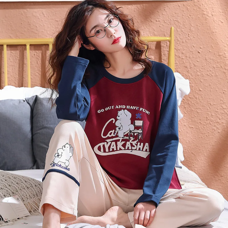 Style 2055 Пижамный комплект, Женский хлопковый весенне-осенний костюм из двух предметов с длинными рукавами, большие размеры, зимние студенческие милые брюки и топ, одежда для сна - Цвет: Style 2055