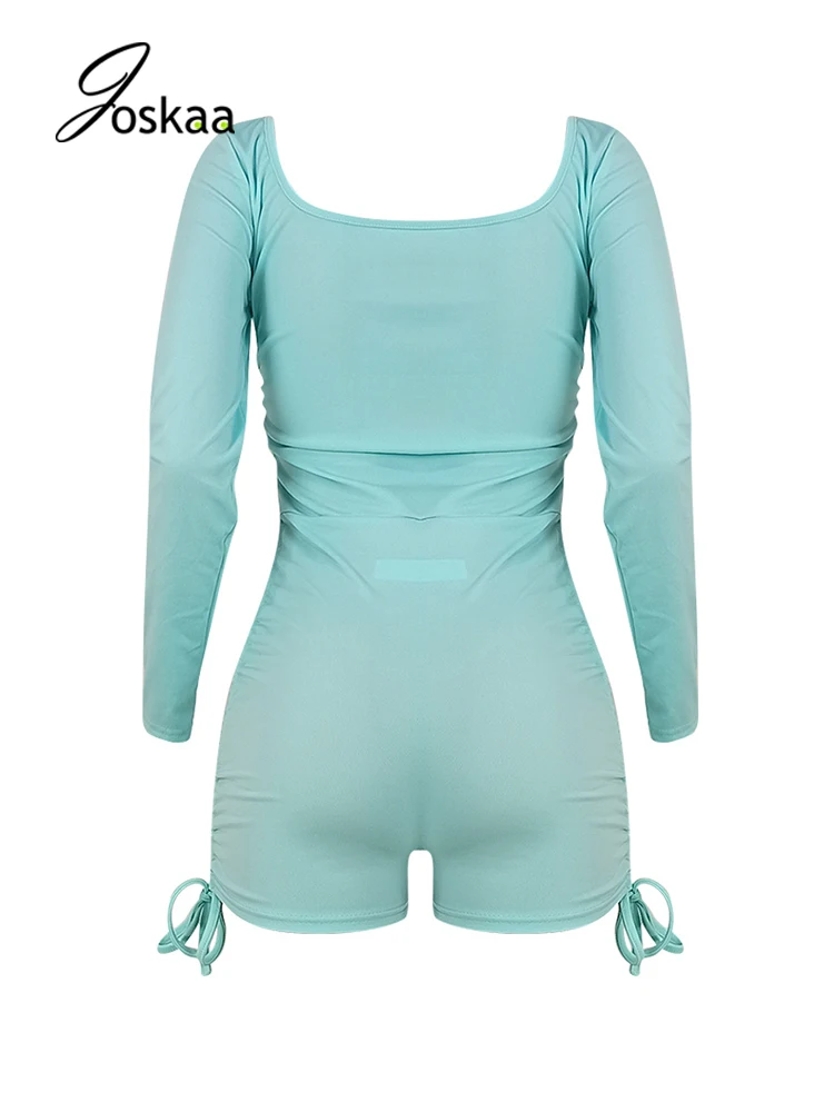

Joskaa Ruched Playsuit Solid Long Sleeve Spring Skinny One Piece Bodysuit Women Biker Active Homewear 2021 Strench Overalls