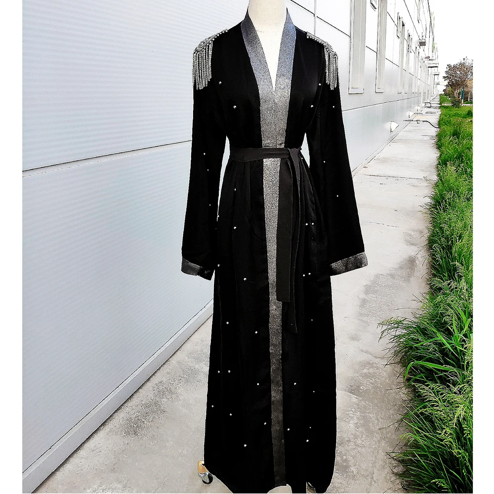 

Abaya Women Muslim Open Kimono Luxury Beading Shoulder Board Ramadan Islamic Clothing Party Middle East Dubai Maxi Robe Fashion