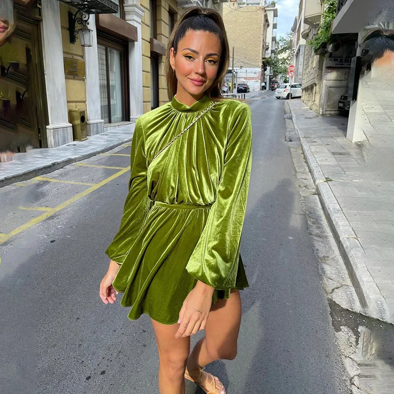 

Spring Fresh Green Velour Party Dress Elegant Women Sexy Backless Long Sleeves Charming Dresses Female Casual Nightclub 2022