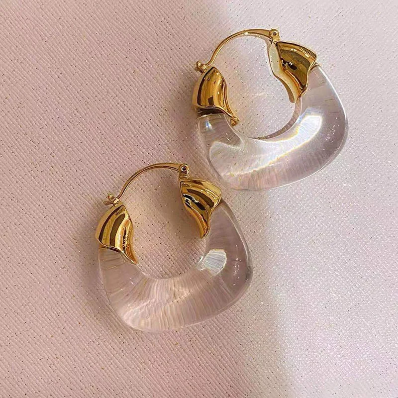 

SRCOI Trendy Transparent Resin Small Hoop Earring Geometric U-Shaped Metal Texture Earring Women Temperament Jewelry 202104