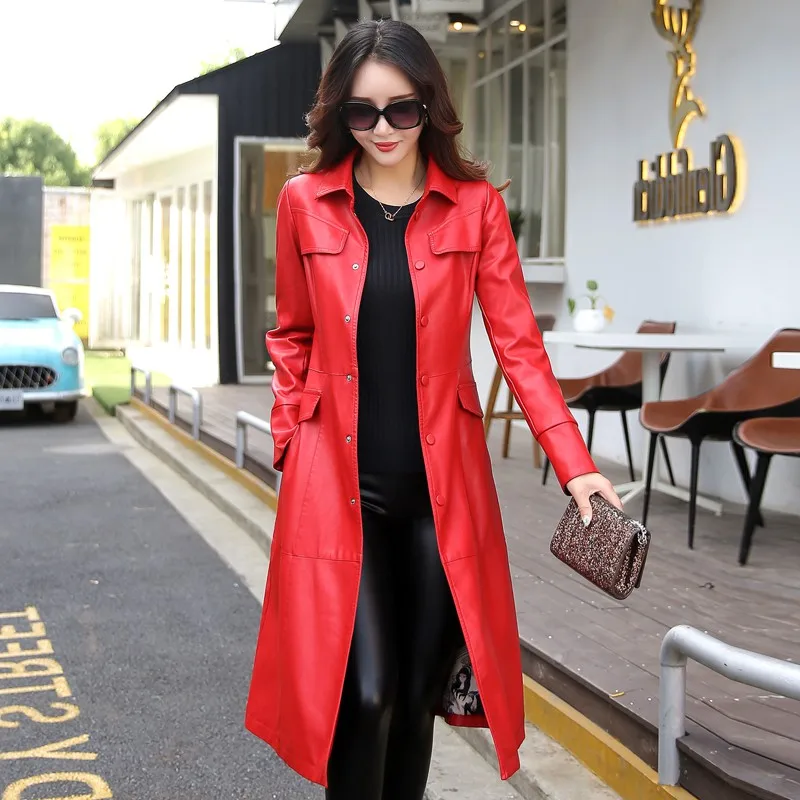 Женская Длинная кожаная куртка с поясом из ПУ кожи | одежда