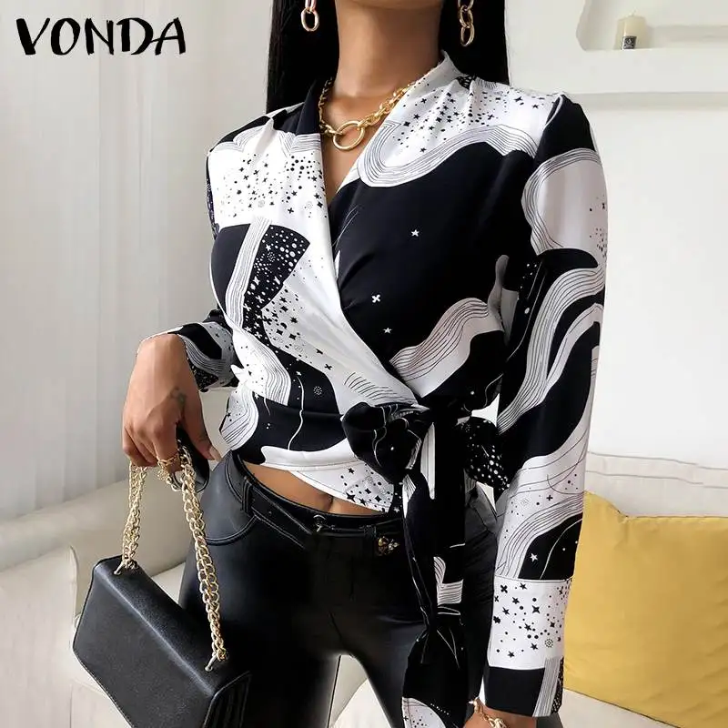 

Women Tops VONDA 2022 Ladies Autumn Vintage Printed Blouse Chemise Bohemian Blusas Femininas Long Sleeve Belted V Neck Shirts
