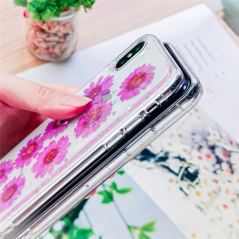 Чехол для телефона с настоящими цветами и сушеными цветами для iPhone X, XS, XR, XS, Max, 6, 6 S, 7, 8 Plus, прозрачная блестящая красивая мягкая задняя крышка из ТПУ