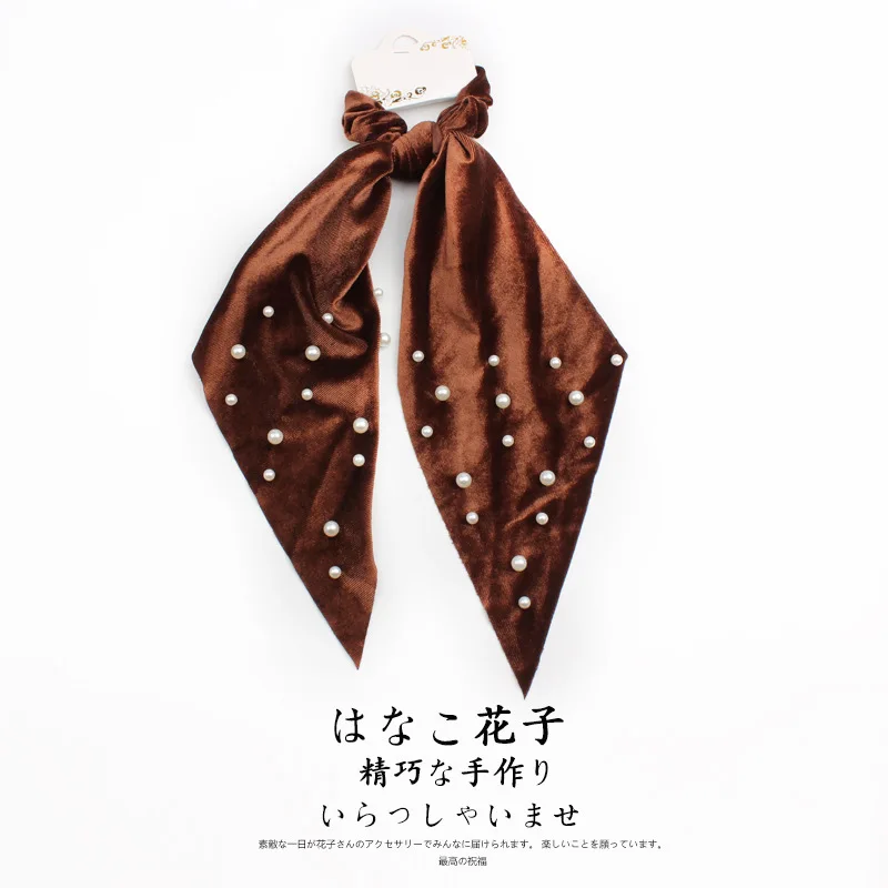 Elegant Velvet Ribbon Scrunchies Pearl Hair Ring Woman Hair Accessories Streamer Hair Ring Ladies Hair Ties Girls Rubber Band