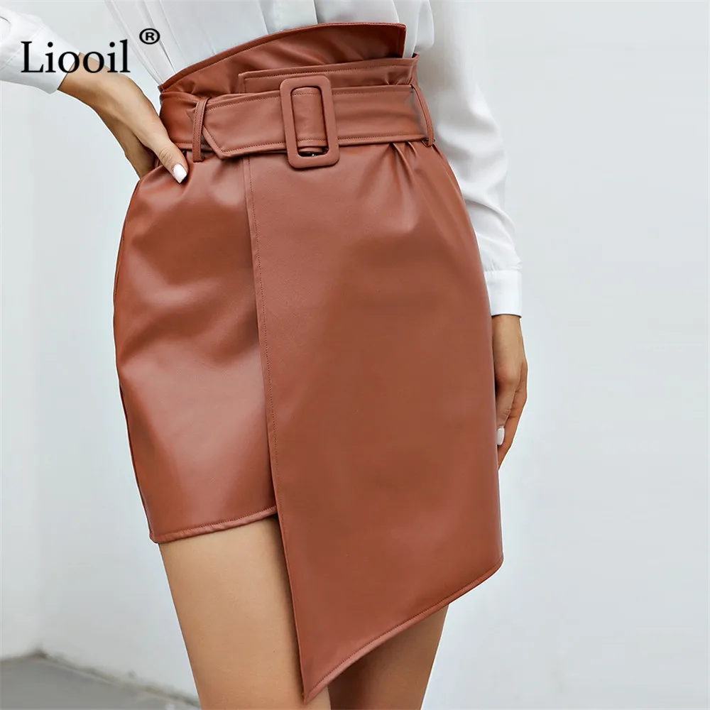 

Liooil Asymmetric Brown Faux PU Leather Mini Skirt For Women 2021 Streetwear High Waist With Belts Sexy Slim Short Office Skirts