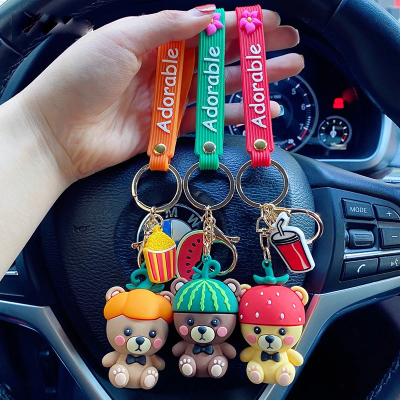 Милый брелок для ключей с клубникой арбузом фруктом мультяшным медведем женщин и
