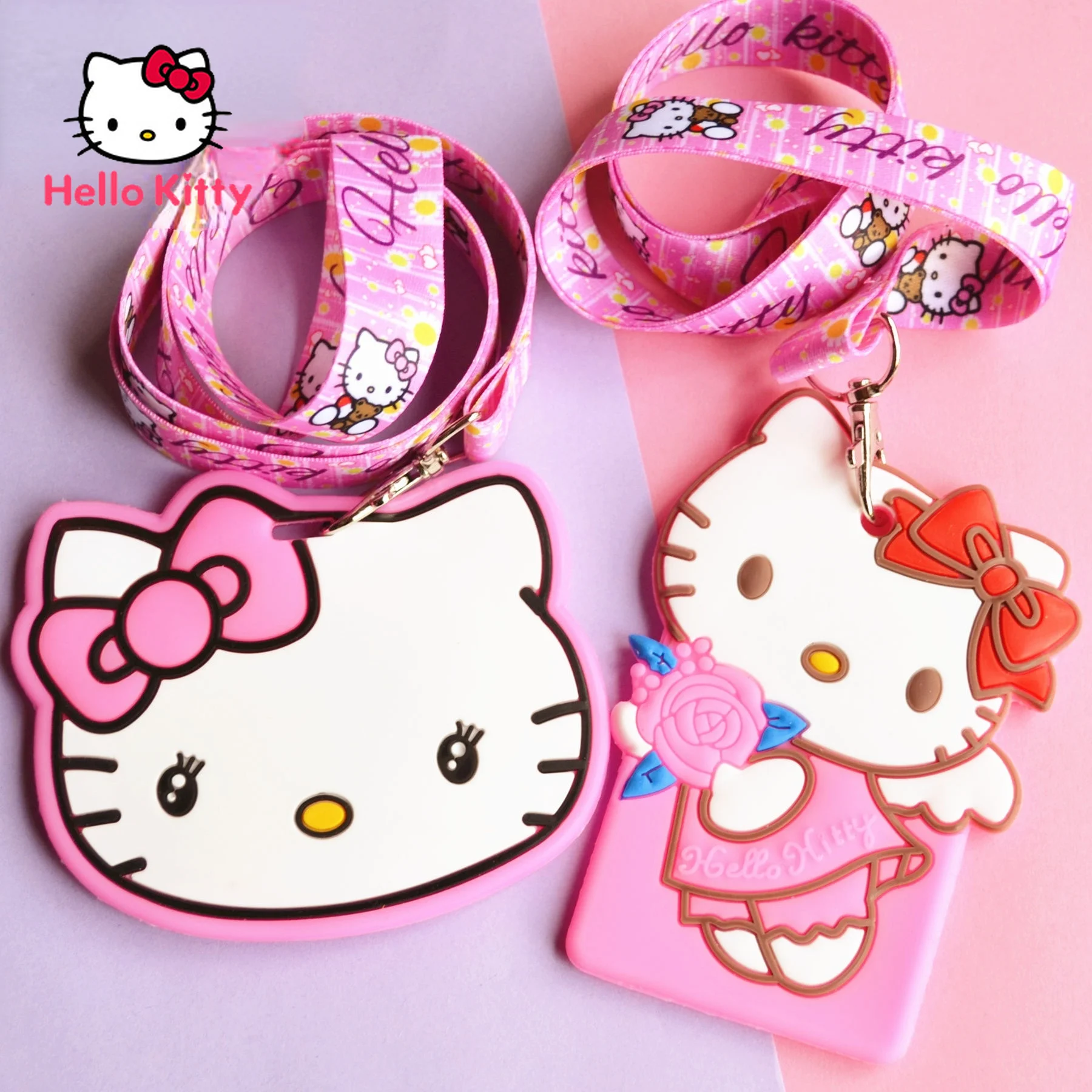 

TAKARA TOMY Hello Kitty Soft Silicone Cute Student Access Control Campus Card Holder with Lanyard Simple Portable Clip