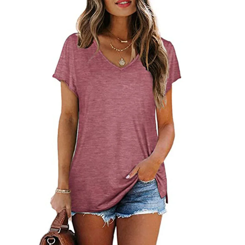 

Women's Summer Casual Loose White Short Sleeve TShirt New Arrival 2021 Fashion V-neck Pure Color Split Street T Shirts For Women