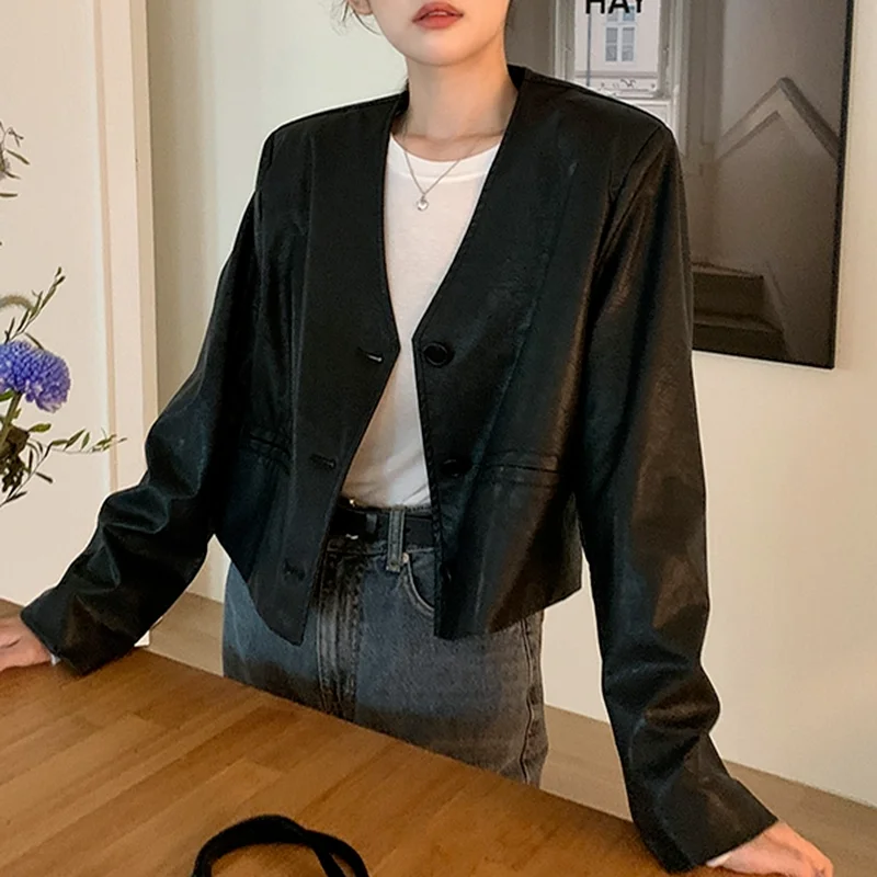 

Black Leather Jacket Women Korean Fashion High Street Women's Moto Biker Jacket Streetwear Button Women's Jackets Autumn 2021