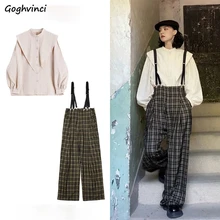 Women Sets Plaid Mopping Jumpsuits Long Sleeve Stand Collar White Shirts Retro Females 2 Pecs Vintage Streetwear Spring Harajuku