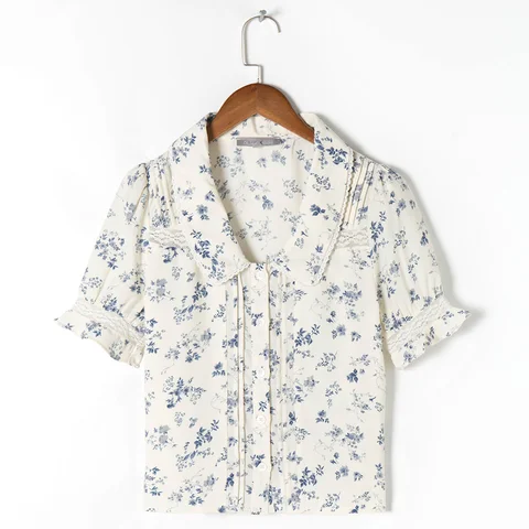Tops for women 2021 fashion lapel v neck lace trim elegant vintage floral shirt short sleeve button up summer blouses top