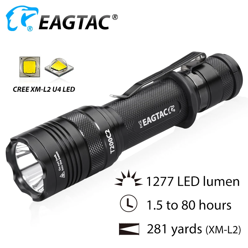 EAGTAC T200C2 XML2 SFT40 1277lm LED Flashlight Police Lantern Light 18650 CR23A Battery 365NM UV XPL HI Long Throw Hunting Torch