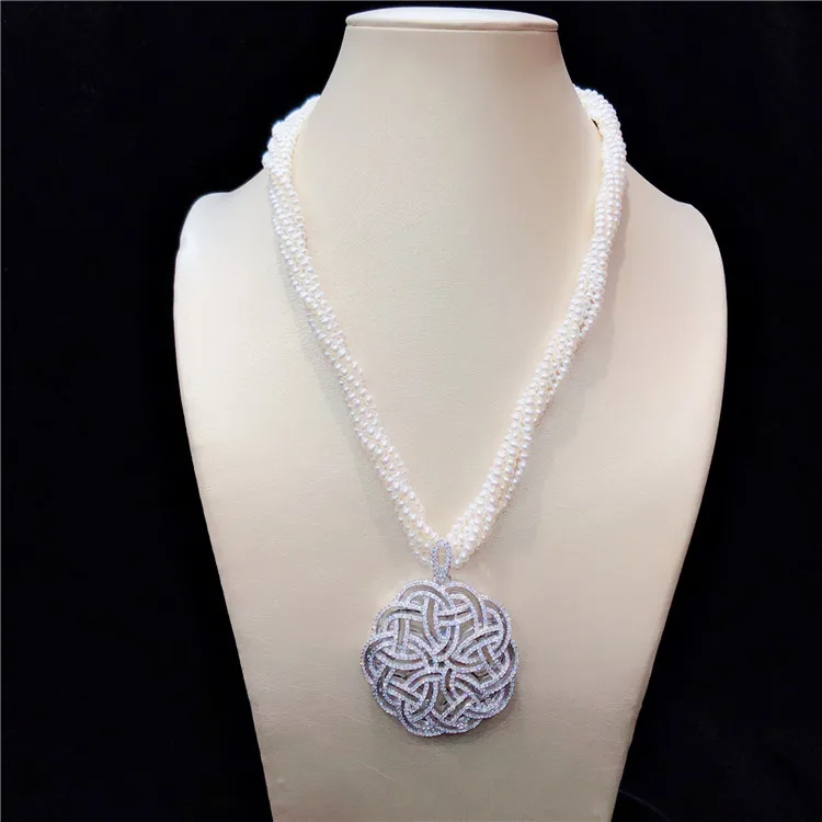 

Charming natural 5rows 3-4mm white freshwater pearl micro inlay zircon accessoriese clasp sweater necklace long 50 cm