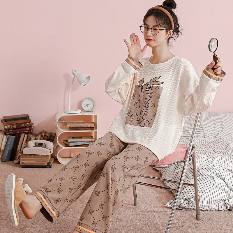 New Style Pajamas Ladies Autumn Winter Long-sleeved Pure Cotton Kawaii Cute Cartoon Sleepwear Suits Can Be Worn As Home Suits