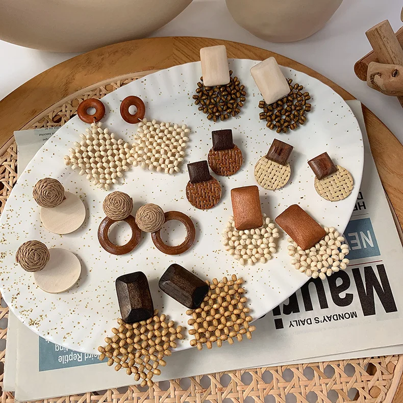 

Korean Chic Retro Temperament Simple and Versatile Geometric Circular Rattan Holiday Style Wooden Pendant Earrings Jewelry