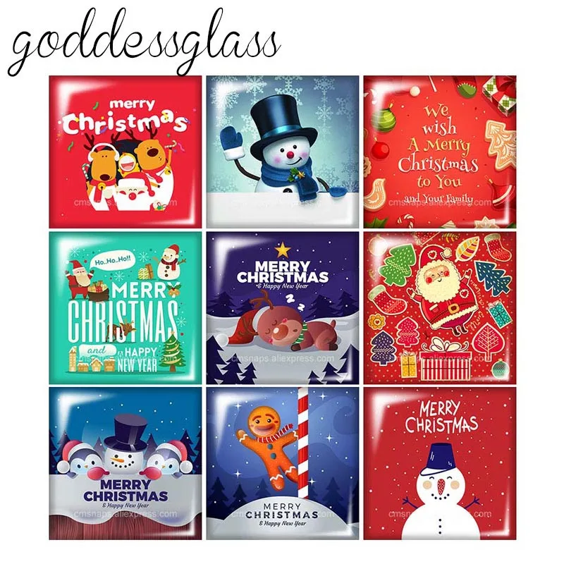 

Merry Christmas Happy New Year Snowman Cute Square 10pcs 12mm/20mm/25mm/30mm glass cabochon flat back DIY Jewelry Findings