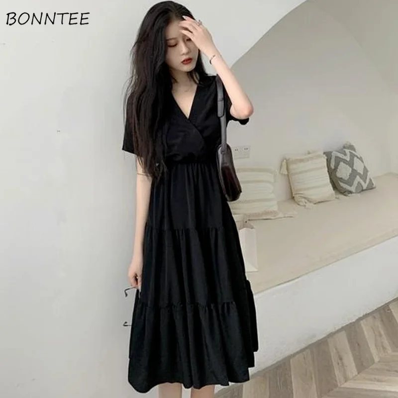 

Женское платье оверсайз с V-образным вырезом, черная модная летняя одежда до середины икры, универсальная базовая трапециевидная юбка в сти...