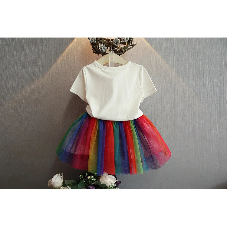 

Girl Summer Suits Korean Cartoon T-shirt Rainbow Skirt Mesh Short Skirt Two-piece Sets Toddler Girl Summer Clothes Wholesale