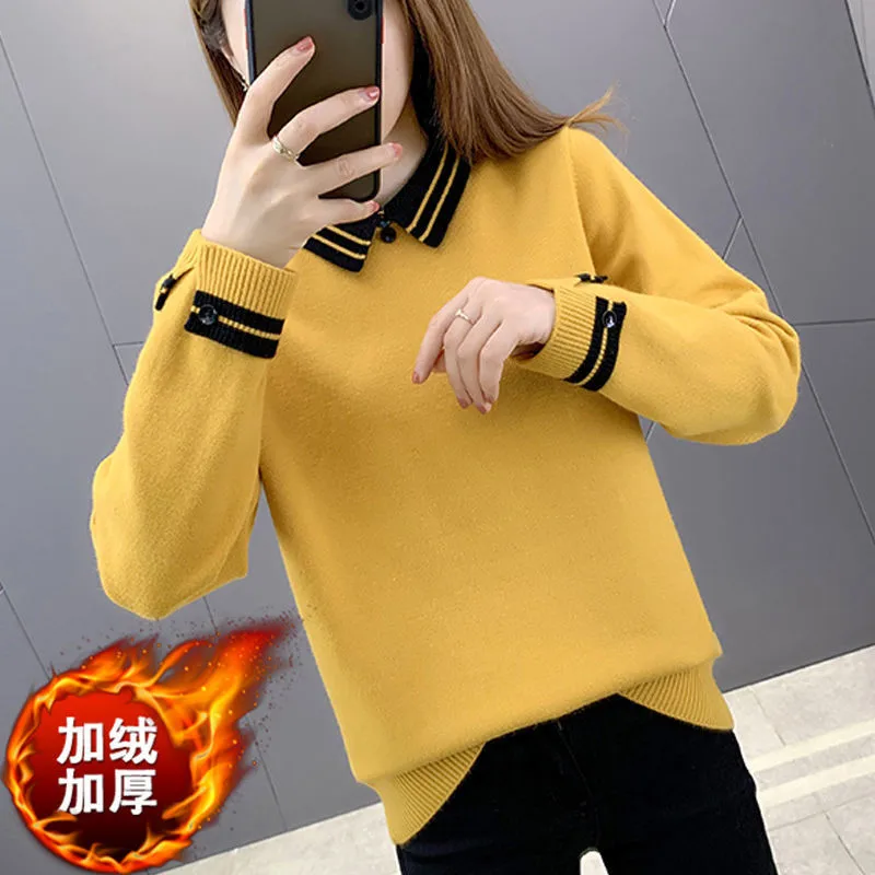 

Spring Fall Women's Fashion Lapel Sweater Long-Sleeved Casual Loose Wild Knitted Pullovers Female Knitwear Tops Jumper Full Y657