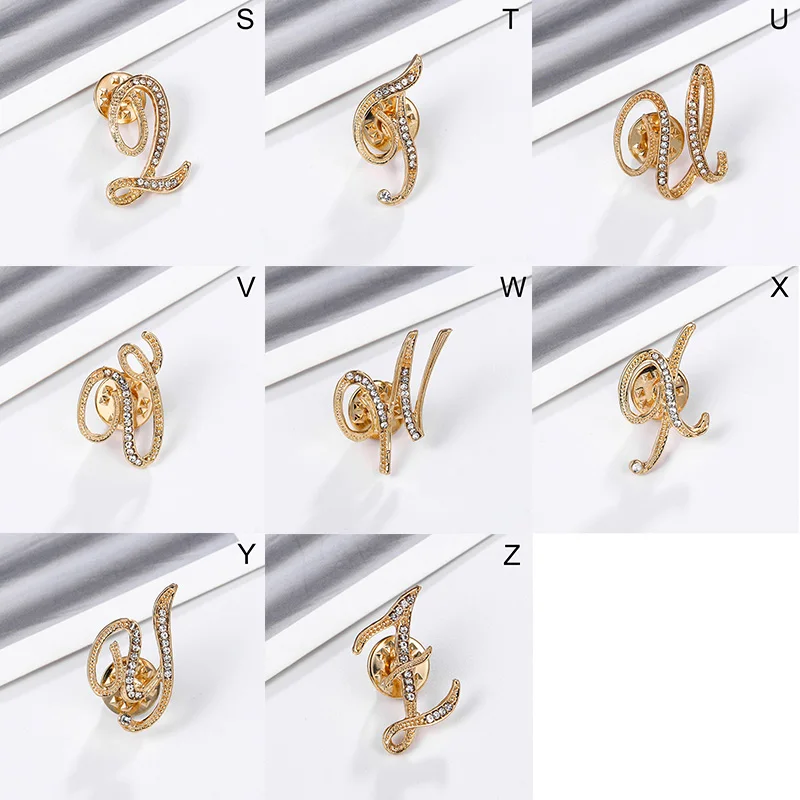 

New Brand 26 Initial Letters A To Z Clear Crystal Rhinestone Brooch Pins Women Jewelry In Gold Color Plated Korean Elegant Gifts