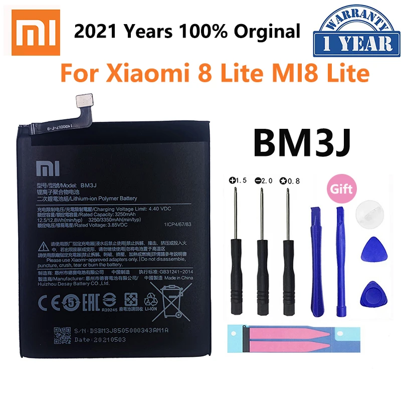 Batterie de téléphone Xiao Mi BM3J 100% mAh, 3350 d'origine, pour Xiaomi Mi 8 Lite, Batteries de remplacement de haute qualité + outils gratuits