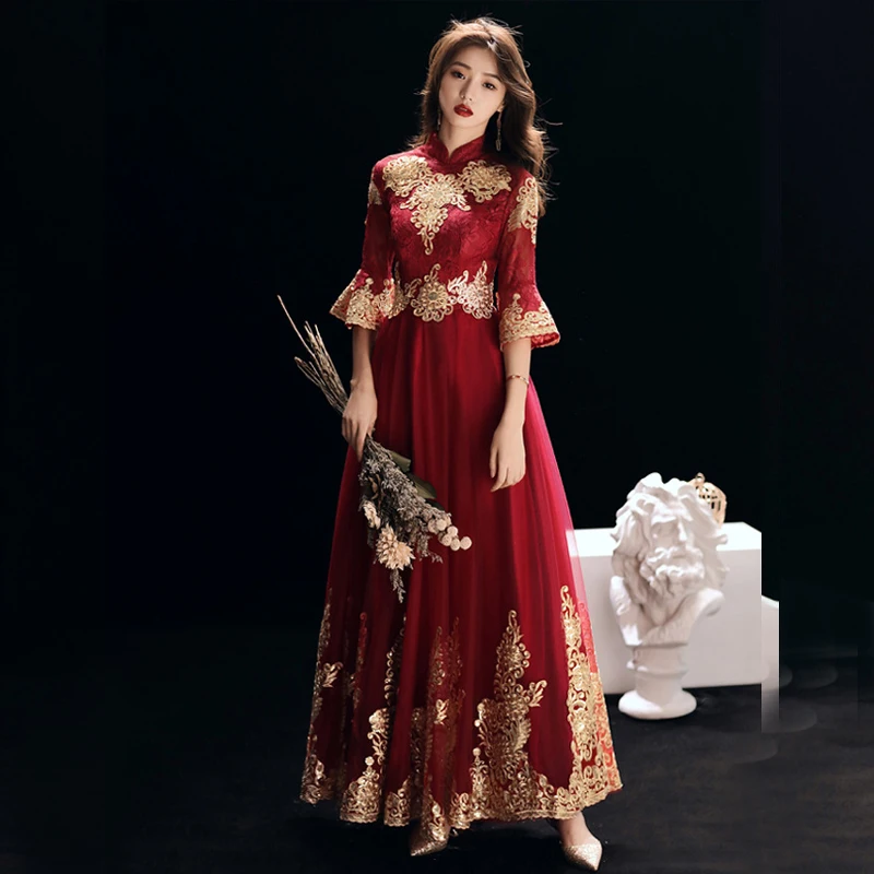 Темно красное свадебное платье невесты женское кружевное тонкое чонсам