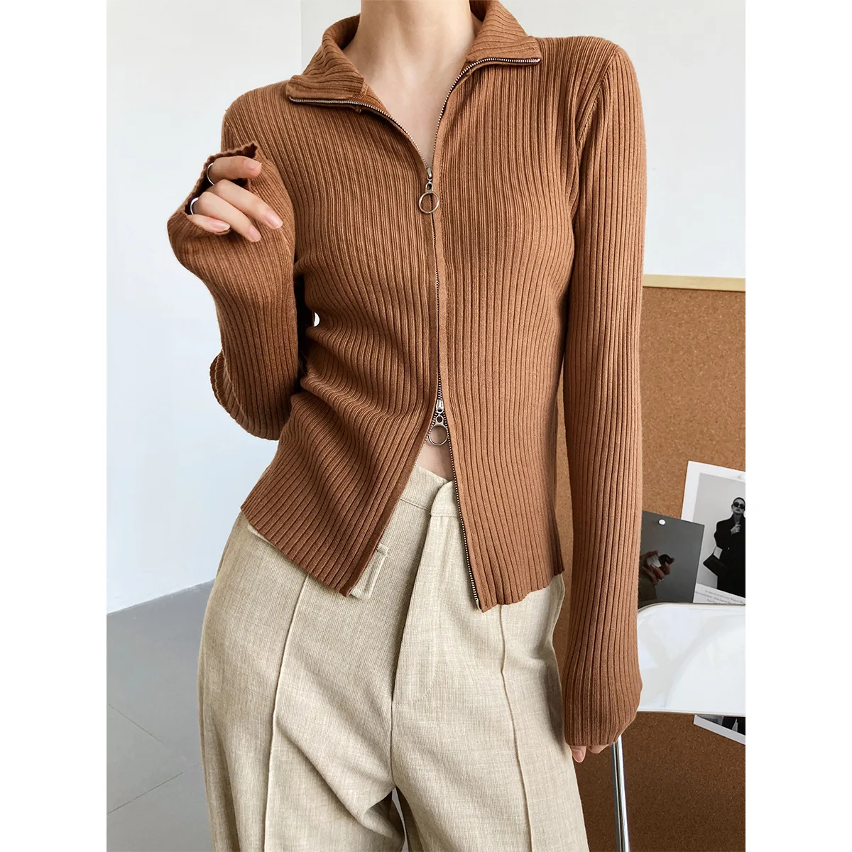 

Korean Style Slim Kintting Cardigan Women Zipper Patchwork Turtleneck Streetwear Solid Female Harajuku Sweater Tops 4 Colors