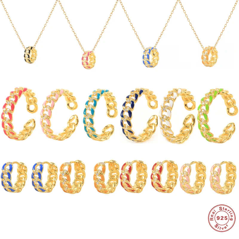 

ROMAD 925 Sterling Silver Colored Enamel Chain Rings Hoop Earrings 2021 Trend Dripping Oil Ring Pendant Necklace Jewelry Set