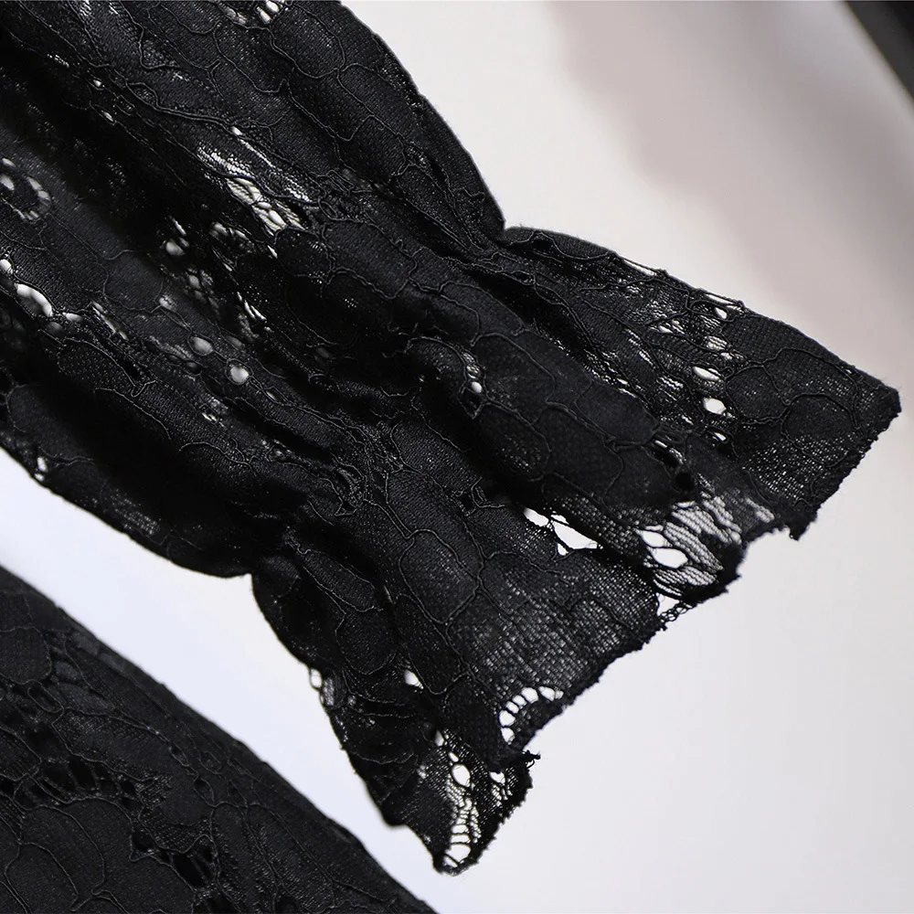

Women Dress Autumn 2020 Vintage Black Apricot Lace Ruffled Bow Collar Long Sleeve Elastic Waist Plus Size Clothing for Women
