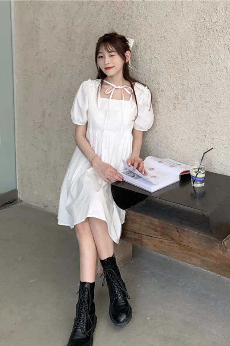 

French White Square-Cut Collar Lace-up High Waist Slimming Bubble Short Sleeve Dress Female Summer tea party lolita dress