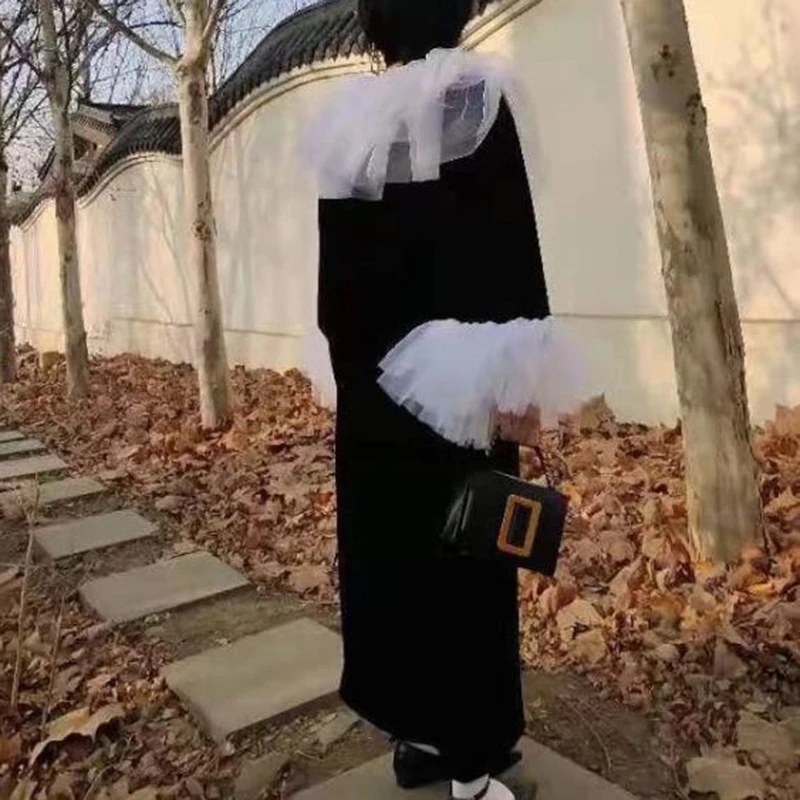 

women's pleated - velvet skirt, round neck, loose long sleeve suit, loose cut, fashion, spring and autumn, 2021, 1dd3748