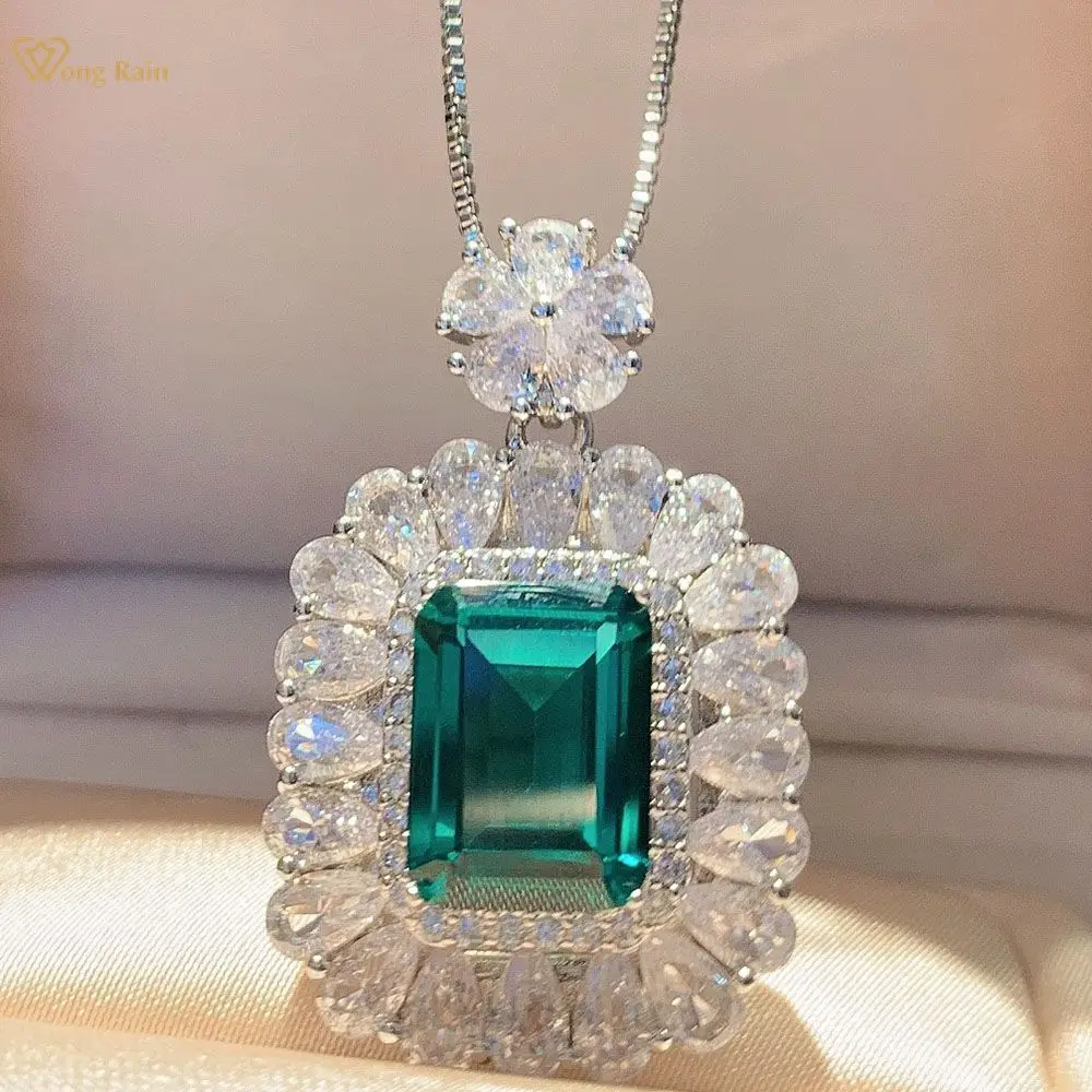 

Wong Rain 925 Sterling Silver Emerald Cut Aquamarine Emerald Ruby Gemstone Anniversary Party Lady Pendant Necklace Fine Jewelry