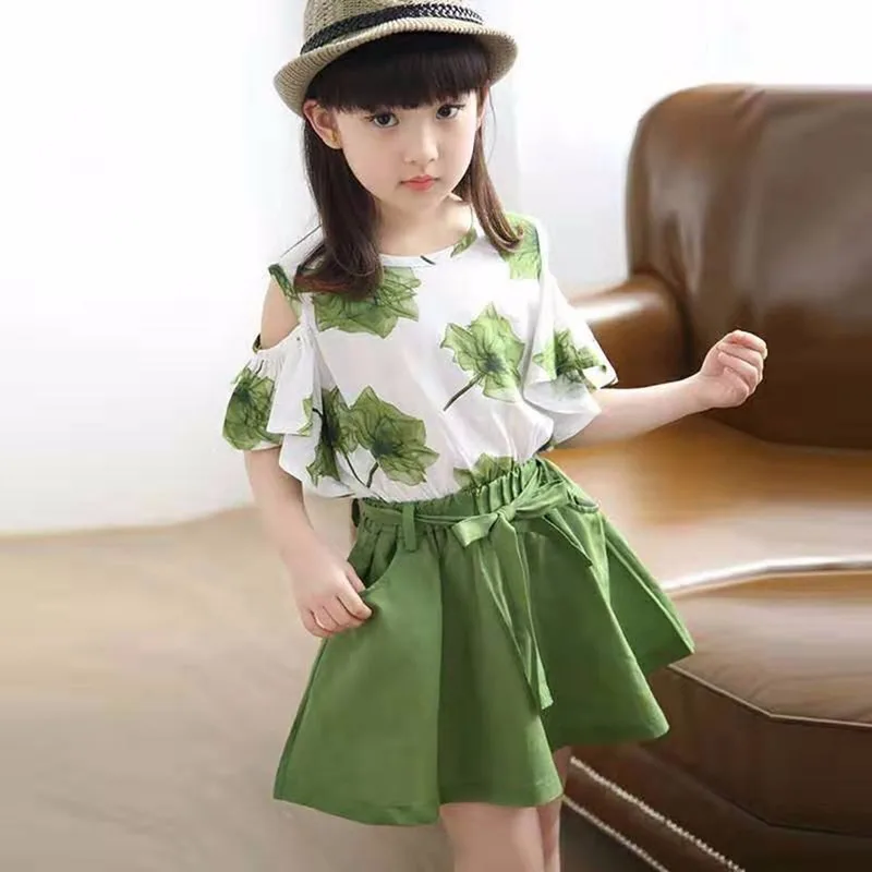 Girls Summer Children Clothing Maple Skirt Baby Sports Set New Print Top Suit 3 6 8 10 12 Years Old | Детская одежда и обувь