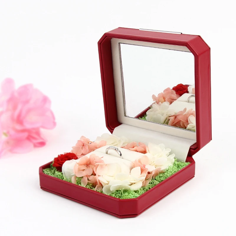 

New Wedding Ring Box Gift Women Necklace Display Jewelry Organizer Red Eternal Flower PU Leather With Mirror Case