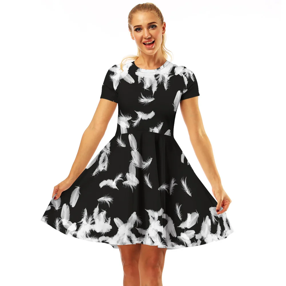 TMWEVN Digital Printed O-neck Pleated Dress Short Sleeve | Женская одежда