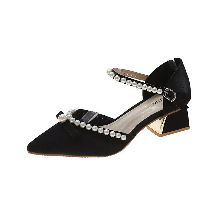 

2021 Summer Sandals Closed Heel Black Shoes for Women Block Beige Girls Low Fashion Comfort Pointed Clear Pearl New Buckle Strap