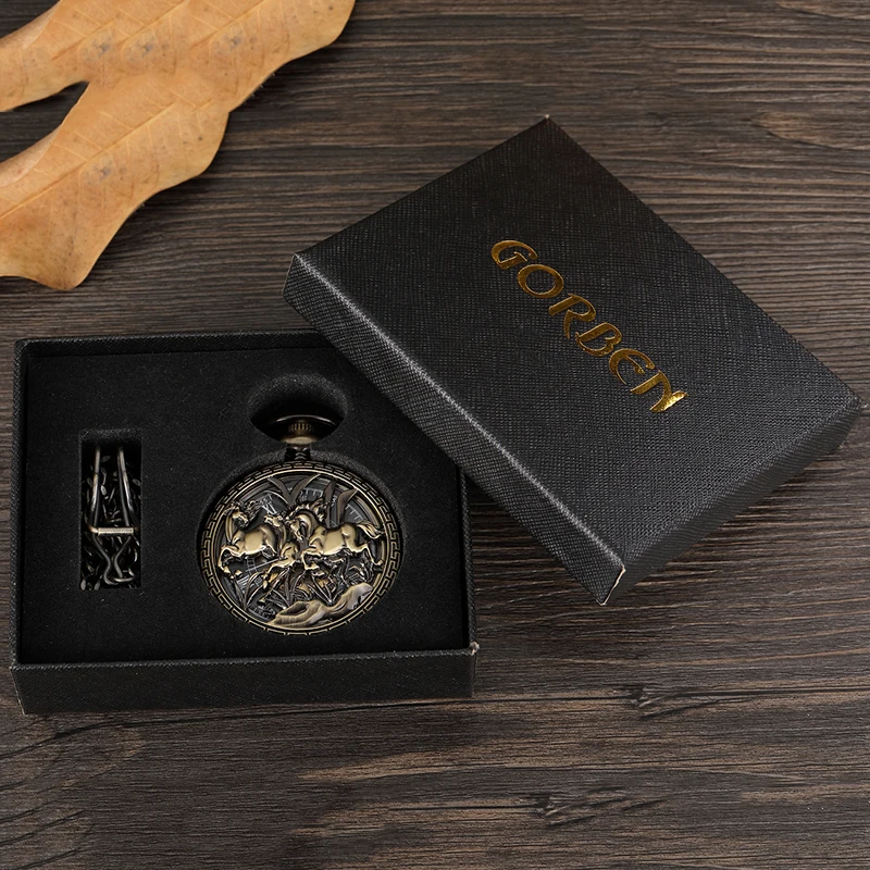 Mechanical Pocket Watch Antique Skeleton Bronze Body Fob Chain 2 Running Horse Engraved Clock with Gift Box for Men Dropshipping
