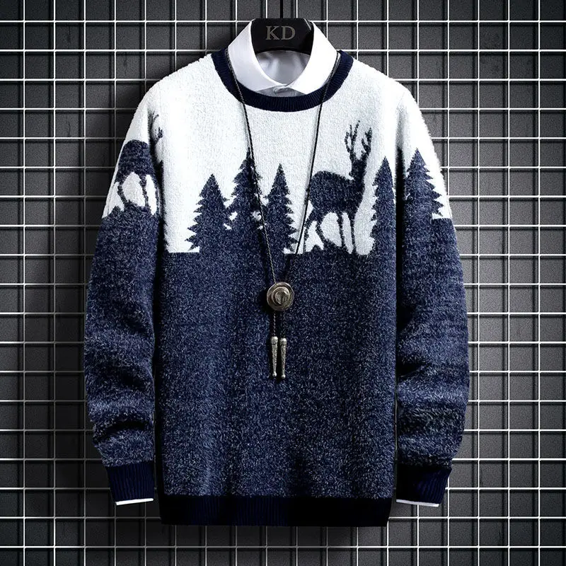 

EBAIHUI Men's Sweaters O-neck Fleece Pullover Print Loose Knitting Preppy Style Casual Streetwear Thicken Warm Leisure Jumper