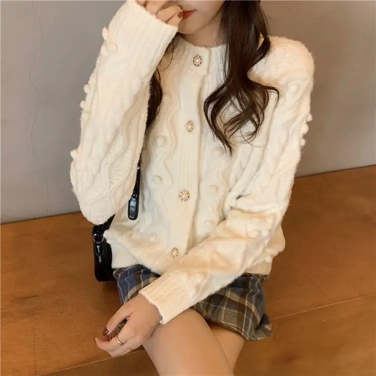 Women Twist Ball Thick Knit Cardigan Cardigans Autumn Preppy Style Beading Pearl Knitwear Sweater |