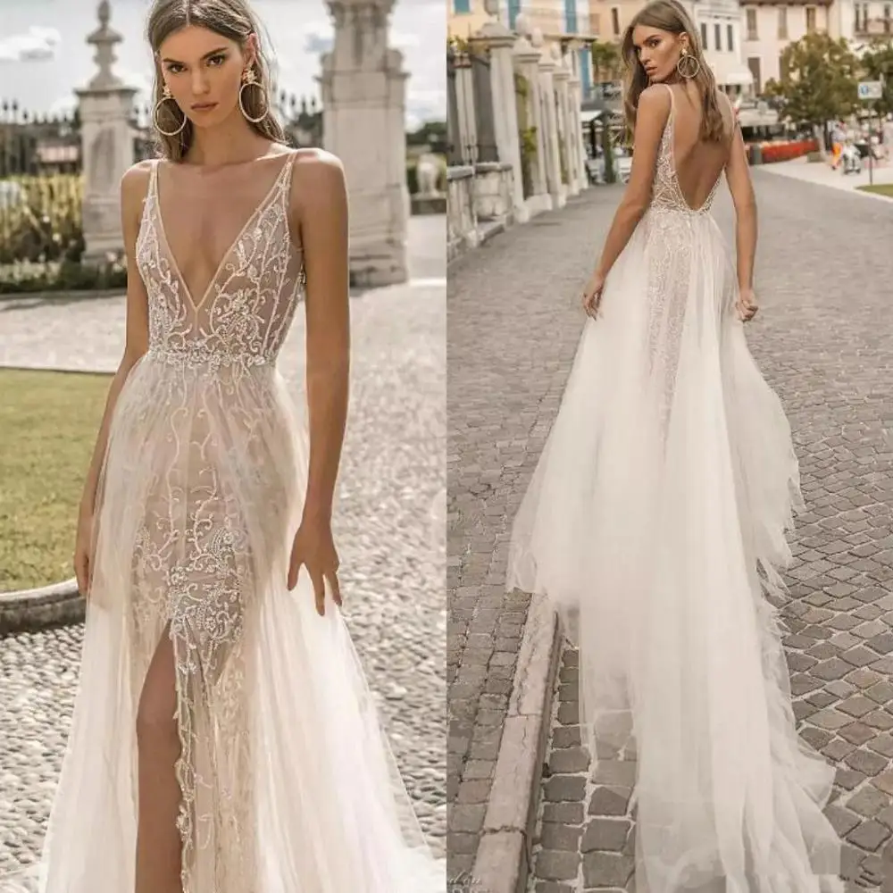 

Sexy 2020 Wedding Dresses Front Split Lace Appliqued V Neck Beads Backless Bridal Gowns Custom Made