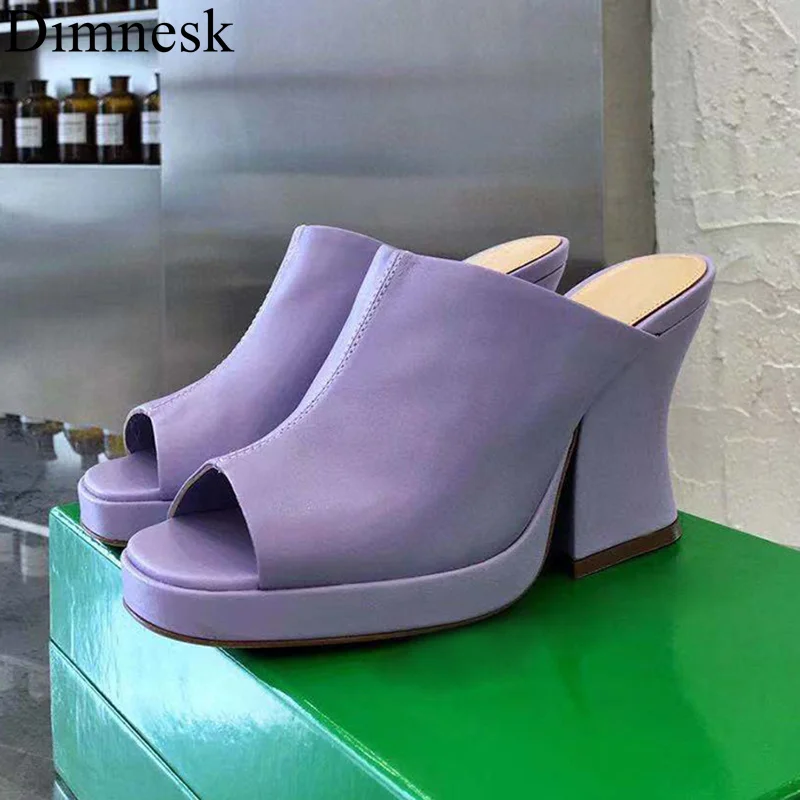 

Strange Chunky High Heel Slippers Women Genuine Leather Peep Toe Platform Sandals Summer Runway Party Shoes For Ladies 2021