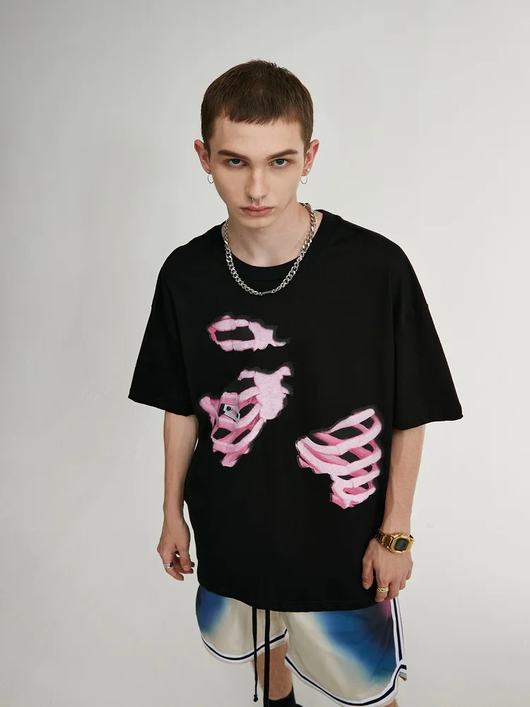 

2021 Amoi Street Trend All-match Bone Fragment Print Loose Short Sleeve T-Shirt Men