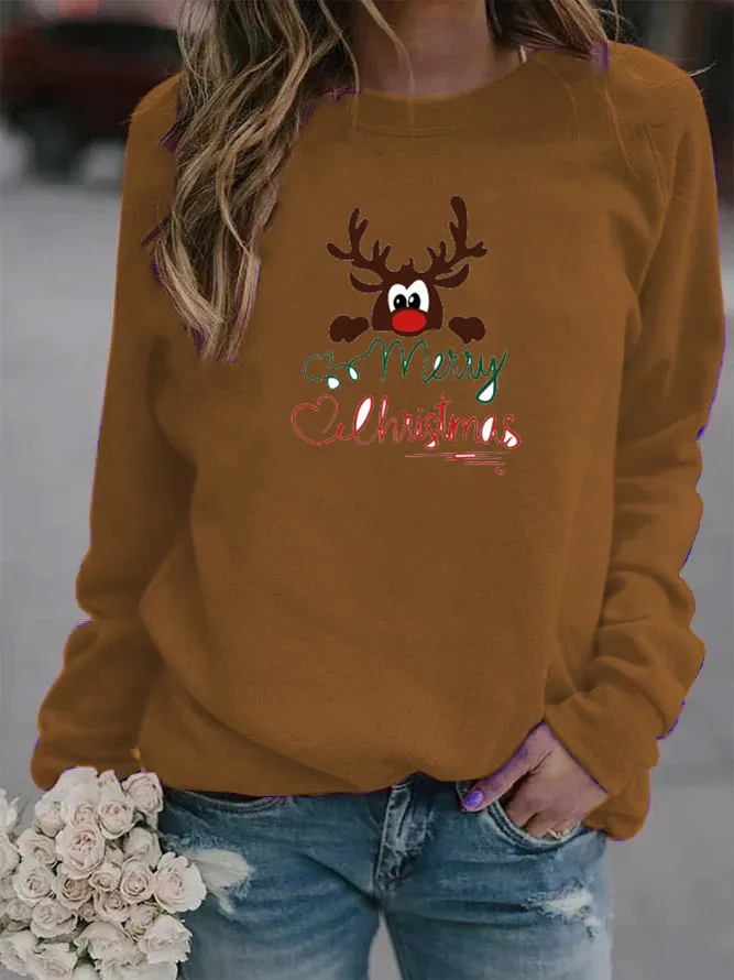 

Women Hoodie Merry Christmas Cartoon Deer Printed Hoodies Women Fleece Long Sleeve O Neck Loose Sweatshirt Girls Pullovers