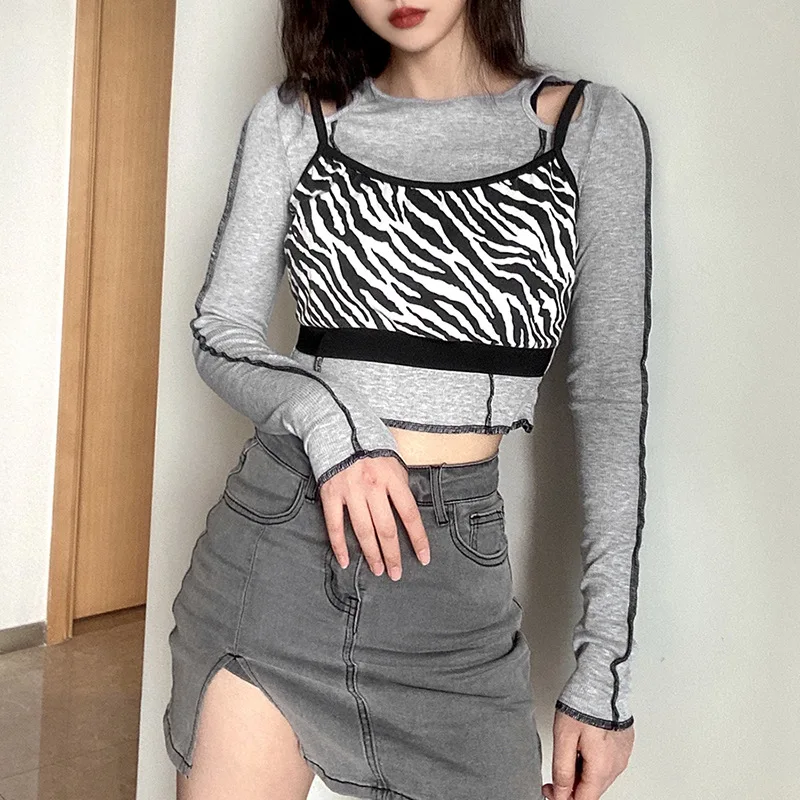 

2021 Vintage Harajuku Hollow Out Crop Tops Streetwear Punk Zebra Print Long Sleeve Tops Women Autumn Sexy Patchwork Basic Top